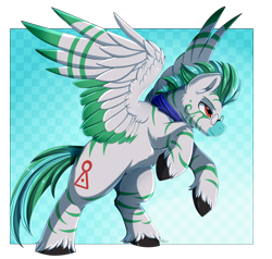 Size: 3000x2850 | Tagged: safe, artist:pridark, derpibooru import, oc, oc only, oc:kilani, pegasus, zebra, bipedal, cloven hooves, colored wings, commission, cutie mark, glasses, high res, lidded eyes, male, multicolored wings, pegasus oc, raised hoof, raised leg, smiling, solo, wings, zebra oc