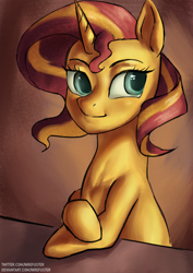 Size: 2480x3508 | Tagged: safe, artist:nire, derpibooru import, sunset shimmer, unicorn, blushing, crossed hooves, looking away, smiling, solo