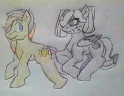 Size: 1932x1500 | Tagged: safe, artist:midday sun, derpibooru import, oc, oc:midday sun, oc:two tone, earth pony, pegasus, cutie mark, freckles, glasses, traditional art