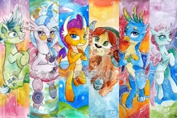 Size: 1772x1181 | Tagged: safe, artist:lailyren, derpibooru import, gallus, ocellus, sandbar, silverstream, smolder, yona, changedling, changeling, dragon, earth pony, griffon, hippogriff, pony, yak, bookmark, colt, crossed arms, female, glasses, grin, looking at you, male, nervous, nervous grin, smiling, student six, tongue, tongue out, traditional art, watercolor painting, watermark