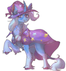 Size: 1191x1280 | Tagged: safe, artist:mothpolllen, derpibooru import, trixie, classical unicorn, unicorn, cape, clothes, cloven hooves, grin, hat, leonine tail, looking at you, raised hoof, raised leg, simple background, smiling, solo, transparent background, trixie's cape, trixie's hat, unshorn fetlocks