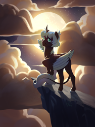 Size: 1800x2400 | Tagged: safe, artist:joan-grace, derpibooru import, oc, oc:penumbra (secrets-of-everfree), alicorn, pony, cliff, cloud, female, mare, moon, offspring, parent:king sombra, parent:princess luna, parents:lumbra, solo, two toned wings, wings