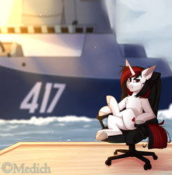 Size: 2892x2946 | Tagged: safe, artist:mediasmile666, derpibooru import, oc, oc only, pony, unicorn, chair, eyebrows, eyebrows visible through hair, female, frown, high res, horn, looking at you, mare, ocean, outdoors, ship, sitting, solo, unicorn oc