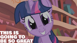 Size: 1280x720 | Tagged: safe, derpibooru import, edit, edited screencap, editor:quoterific, screencap, twilight sparkle, unicorn twilight, pony, unicorn, look before you sleep, season 1, cute, female, golden oaks library, looking at you, magic, mare, smiling, smiling at you, solo, telekinesis, twiabetes