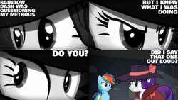 Size: 1280x720 | Tagged: safe, derpibooru import, edit, edited screencap, editor:quoterific, screencap, rainbow dash, rarity, pegasus, pony, unicorn, rarity investigates, season 5, black and white, close-up, female, grayscale, mare, monochrome