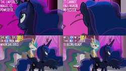 Size: 1280x720 | Tagged: safe, derpibooru import, edit, edited screencap, editor:quoterific, screencap, princess celestia, princess luna, alicorn, pony, season 3, the crystal empire, crown, eyes closed, female, jewelry, mare, open mouth, regalia