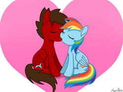 Size: 1283x962 | Tagged: safe, artist:apexpone, derpibooru import, rainbow dash, oc, pegasus, pony, canon x oc, heart, kissing, love, xerodash