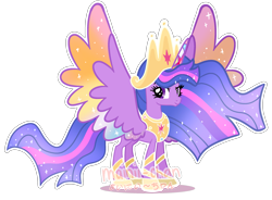 Size: 2801x2065 | Tagged: safe, artist:maiii-san, derpibooru import, princess twilight 2.0, twilight sparkle, twilight sparkle (alicorn), alicorn, pony, the last problem, big crown thingy, colored wings, crown, element of magic, ethereal mane, eyelashes, female, hoof shoes, jewelry, mare, multicolored horn, multicolored wings, older, older twilight, peytral, regalia, simple background, starry mane, starry wings, transparent background, wings