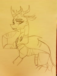 Size: 3024x4032 | Tagged: safe, artist:agdapl, derpibooru import, pharynx, antlers, eyelashes, eyeliner, lineart, makeup, male, raised hoof, raised leg, scar, solo, traditional art