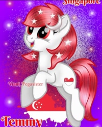 Size: 720x901 | Tagged: safe, artist:viani_pegasister, derpibooru import, oc, oc:temmy, earth pony, pony, earth pony oc, female, mare, moon, name, nation ponies, open mouth, paint, ponified, singapore, smiling, stars, watermark