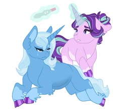 Size: 1956x1719 | Tagged: safe, artist:buttercupisqueen, derpibooru import, starlight glimmer, trixie, pony, unicorn, cloven hooves, crying, female, implied magical lesbian spawn, lesbian, magic, pregnancy test, pregnant, shipping, simple background, startrix, telekinesis, unshorn fetlocks, white background