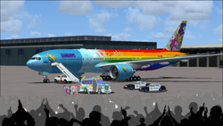 Size: 1199x674 | Tagged: safe, artist:electrahybrida, derpibooru import, applejack, fluttershy, pinkie pie, rainbow dash, rarity, sci-twi, sunset shimmer, twilight sparkle, better together, equestria girls, airport, audience, boeing 777, car, paparazzi, plane, police, police car, rainbow, stair truck, stairs, tarmac, the rainbooms, the rainbooms tour bus, the rainbooms tour plane, vehicle