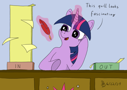 Size: 1920x1358 | Tagged: safe, artist:darkdabula, derpibooru import, twilight sparkle, twilight sparkle (alicorn), alicorn, pony, atg 2021, desk, female, levitation, magic, newbie artist training grounds, paperwork, procrastination, quill, simple background, solo, telekinesis