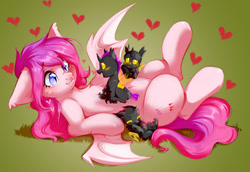 Size: 1280x883 | Tagged: safe, artist:pledus, derpibooru import, oc, oc only, bat pony, changeling, nymph, pony, bat pony oc, blushing, changeling oc, commission, cute, eye contact, female, heart, looking at each other, lying down, mare, on back, palindrome get, ych result, yellow changeling