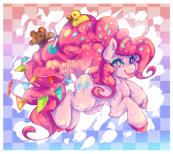 Size: 2000x1774 | Tagged: safe, artist:opiodae, derpibooru import, pinkie pie, earth pony, pony, :p, abstract background, female, hooves, looking at you, older, rubber duck, solo, teddy bear, tongue, tongue out, unshorn fetlocks