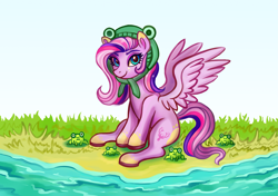 Size: 4175x2935 | Tagged: safe, artist:bartholomaei, derpibooru import, oc, oc only, frog, pegasus, pony, commission, female, grass, hat, pond, scenery, solo, water, ych result