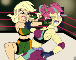 Size: 2362x1890 | Tagged: safe, artist:malevolentsamson, derpibooru import, applejack, sour sweet, equestria girls, angry, boxing, boxing ring, boxing shorts, brush, clothes, fight, fingerless gloves, gloves, mma, mma gloves, mouth guard, mouthguard, punch, sports