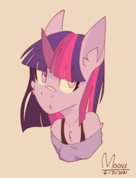 Size: 947x1233 | Tagged: safe, artist:mooons, derpibooru import, twilight sparkle, anthro, unicorn, bust, female, simple background, solo