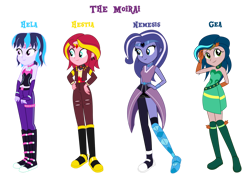 Size: 1600x1111 | Tagged: safe, artist:lhenao, derpibooru import, oc, oc:gea, oc:hela, oc:hestia (lhenao), oc:nemesis, human, equestria girls, clone