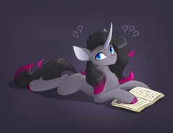 Size: 1075x826 | Tagged: safe, artist:d.w.h.cn, derpibooru import, oleander, unicorn, them's fightin' herds, book, female, gray background, looking at you, lying down, mare, prone, question mark, simple background, solo