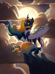 Size: 1800x2400 | Tagged: safe, artist:joan-grace, derpibooru import, oc, oc:astral, alicorn, pony, beard, cliff, colored wings, facial hair, male, moon, solo, stallion, wings