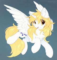 Size: 1228x1280 | Tagged: safe, artist:hioshiru, derpibooru import, oc, oc only, oc:star nai, alicorn, pony, alicorn oc, blue background, chest fluff, ear fluff, ears, female, flying, horn, looking at you, mare, open mouth, open smile, simple background, smiling, smiling at you, solo, wings