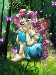 Size: 1536x2048 | Tagged: safe, artist:mlp-france-yt, derpibooru import, fluttershy, butterfly, equestria girls, barefoot, blushing, breasts, cleavage, feet, female, forest, looking at you, nail polish, sitting, smiling, solo, toenail polish