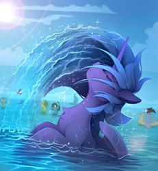 Size: 2100x2275 | Tagged: safe, artist:yakovlev-vad, derpibooru import, princess luna, alicorn, pony, background pony, chest fluff, eyes closed, female, female focus, high res, mare, ocean, solo focus, swimming, water, wet