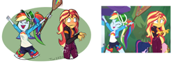 Size: 1072x389 | Tagged: safe, artist:beefgummies, derpibooru import, screencap, fluttershy, rainbow dash, sci-twi, sunset shimmer, twilight sparkle, better together, equestria girls, sunset's backstage pass!, arms in the air, blushing, bracelet, clothes, excited, jewelry, paddle, ponytail, redraw, reference used, scene interpretation, screencap reference, shorts, slapstick, smack, starswirl music festival, surprised, visor, wide eyes