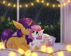 Size: 1912x1518 | Tagged: safe, artist:shinizavr, derpibooru import, oc, pegasus, pony, unicorn, night, pillow, string lights, window