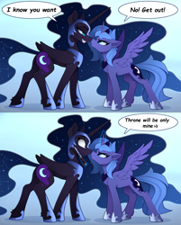 Size: 2500x3110 | Tagged: safe, artist:yakovlev-vad, derpibooru import, edit, editor:band sickle, nightmare moon, princess luna, alicorn, pony, :<, >:3, angry, blue background, boop, broken english, cheek fluff, chest fluff, constellation, crown, cute, duality, duo, duo female, ear fluff, ears, engrish, ethereal mane, eye contact, female, floppy ears, frown, glare, gradient background, grin, grumpy, helmet, high res, hoof fluff, imminent murder, it was at this moment that she knew she fucked up, jewelry, knife, leg fluff, lidded eyes, looking at each other, lunabetes, magic, mare, nose wrinkle, noseboop, pocket knife, pouting, regalia, s1 luna, scrunchy face, self ponidox, simple background, smiling, smirk, smug, spread wings, starry mane, sweat, switchblade, telekinesis, temptation, this will end in pain and/or death, threatening, wall of tags, weapon, wing fluff, wings