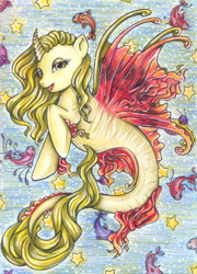 Size: 1615x2248 | Tagged: safe, artist:fake-elf, derpibooru import, oc, oc only, alicorn, fish, hybrid, merpony, pony, seapony (g4), colored pupils, commission, dorsal fin, eyelashes, female, fin wings, fins, fish tail, flowing tail, golden eyes, horn, open mouth, seaponified, slit eyes, smiling, solo, species swap, stars, tail, underwater, water, wings, yellow mane