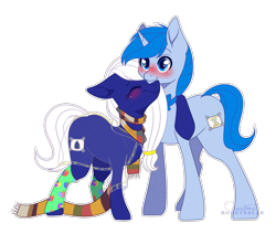 Size: 2118x1872 | Tagged: safe, artist:honeybbear, derpibooru import, oc, oc only, earth pony, pony, unicorn, blushing, clothes, earth pony oc, eyebrows, eyebrows visible through hair, eyes closed, female, fourth doctor's scarf, horn, male, mare, nuzzling, scarf, simple background, smiling, stallion, transparent background, unicorn oc, white outline