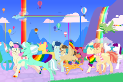 Size: 4500x3000 | Tagged: safe, artist:jackiebloom, derpibooru import, aunt holiday, auntie lofty, bon bon, curly winds, lyra heartstrings, some blue guy, sweetie drops, wiz kid, earth pony, pegasus, pony, unicorn, balloon, cloud, equestria girls ponified, female, gay, high res, hot air balloon, lesbian, lofty day, lyrabon, male, mare, ponified, pride, pride flag, rainbow, rainbow waterfall, shipping, stallion, wizwinds