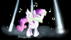 Size: 1280x720 | Tagged: safe, artist:pixels-and-ponies, derpibooru import, sweetie belle, alicorn, pony, alicornified, flute, magic, music notes, musical instrument, race swap, solo, spotlight, sweetiecorn