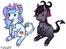 Size: 1157x867 | Tagged: safe, artist:misskanabelle, derpibooru import, demon, demon pony, pony, bow, chest fluff, collar, colored hooves, commission, duo, ear fluff, ears, female, hair bow, jewelry, leonine tail, mare, necklace, signature, simple background, smiling, transparent background, ych result