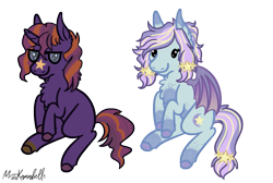 Size: 1287x867 | Tagged: safe, artist:misskanabelle, derpibooru import, oc, oc only, bat pony, pony, unicorn, bat pony oc, bat wings, chest fluff, commission, duo, ear fluff, ears, female, glasses, horn, mare, signature, simple background, smiling, transparent background, unicorn oc, wings, ych result
