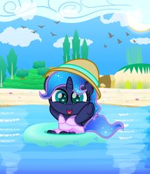 Size: 1862x2160 | Tagged: safe, artist:spellboundcanvas, derpibooru import, princess luna, alicorn, bird, pony, atg 2021, beach, bush, clothes, cute, female, filly, hat, high res, looking at you, lunabetes, newbie artist training grounds, ocean, one-piece swimsuit, open mouth, open smile, seashell, smiling, smiling at you, solo, sun, swimsuit, tree, water, woona, younger