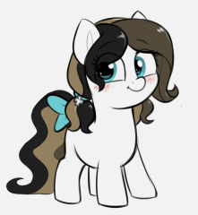 Size: 221x240 | Tagged: safe, artist:heretichesh, derpibooru import, oc, oc only, oc:chocolate fudge, earth pony, pony, blushing, bow, cute, female, filly, looking at you, pigtails, simple background, solo, tail bow, white background