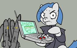 Size: 1274x806 | Tagged: artist needed, safe, oc, oc only, oc:lorelei kernav, earth pony, pony, angry, icbm, laptop computer, missile, slbm, solo