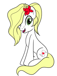 Size: 2159x2878 | Tagged: safe, artist:trash anon, oc, oc only, oc:epithumia, earth pony, pony, ponybooru collab 2021, female, flower, flower in hair, hair over one eye, looking at you, mare, open mouth, open smile, simple background, sitting, smiling, smiling at you, solo, transparent background