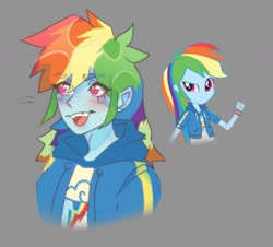 Size: 1273x1152 | Tagged: safe, artist:nakkipng, rainbow dash, human, equestria girls, blue skin, clothes, eye clipping through hair, female, gray background, hoodie, humanized, looking to side, multicolored hair, pink eyes, simple background, solo, solo female