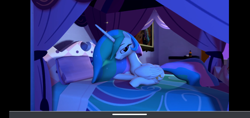 Size: 1520x720 | Tagged: safe, artist:gassipons, princess celestia, alicorn, pony, bedroom, cake thief, looking at you, lying on bed, photo, solo