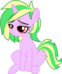 Size: 2167x2557 | Tagged: safe, artist:etymologically correct filly, oc, oc only, oc:iron sonata, pony, unicorn, fallout equestria, ponybooru collab 2021, eye scar, female, filly, lidded eyes, pink coat, red eyes, scar, simple background, sitting, smiling, smug, transparent background, two toned mane, two toned tail, vector