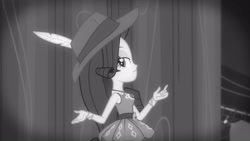 Size: 3410x1920 | Tagged: safe, derpibooru import, screencap, rarity, equestria girls, equestria girls series, rarity investigates: the case of the bedazzled boot, black and white, bracelet, clothes, cutie mark, cutie mark on clothes, female, geode of shielding, grayscale, hat, high res, jewelry, magical geodes, monochrome, rarity peplum dress, solo