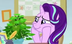 Size: 257x157 | Tagged: safe, derpibooru import, screencap, phyllis, starlight glimmer, a horse shoe-in, cropped, cute, female, glimmerbetes, mare, potted plant, solo