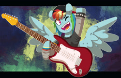 Size: 4832x3108 | Tagged: safe, artist:chub-wub, derpibooru import, rainbow dash, pegasus, pony, beanie, clothes, cute, cute little fangs, dashabetes, fangs, female, guitar, hat, high res, mare, musical instrument, one eye closed, open mouth, open smile, raised hoof, raised leg, shirt, smiling, solo, spiked wristband, wink, wristband