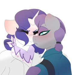 Size: 1280x1280 | Tagged: safe, artist:moodi, derpibooru import, maud pie, rarity, earth pony, pony, unicorn, alternate hairstyle, blushing, cute, eye clipping through hair, eyebrows, eyebrows visible through hair, eyes closed, female, lesbian, maudabetes, moodi is trying to murder us, nuzzling, raribetes, rarimaud, shipping, simple background, sweet dreams fuel, transparent background