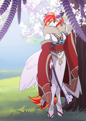 Size: 2481x3507 | Tagged: safe, artist:arctic-fox, derpibooru import, oc, oc only, oc:diamond sun, anthro, pegasus, unguligrade anthro, anthro oc, clothes, eye clipping through hair, eyebrows, eyebrows visible through hair, female, flower, flower in hair, high res, kimono (clothing), mare, pegasus oc, solo, wings