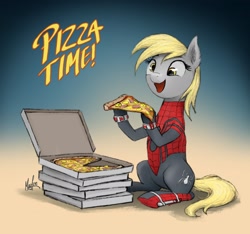 Size: 1920x1796 | Tagged: safe, artist:magfen, derpibooru import, derpy hooves, pegasus, pony, commission, cute, derpabetes, featured image, female, food, ham, happy, mare, meat, open mouth, pineapple, pineapple pizza, pizza, pizza box, pizza time, sitting, solo, spider-man, ych result
